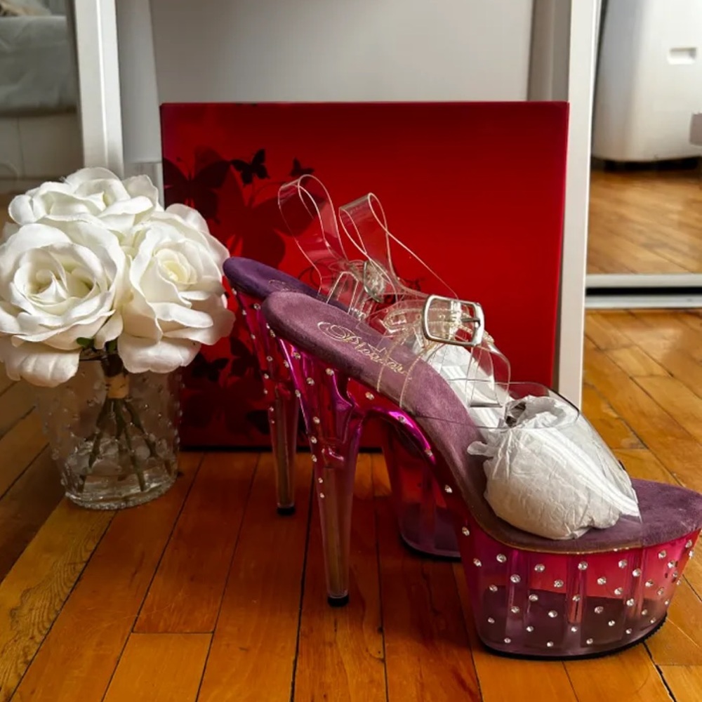 Pleaser Clear-Strap Platform Heels with Pink Glitter and Purple Insole